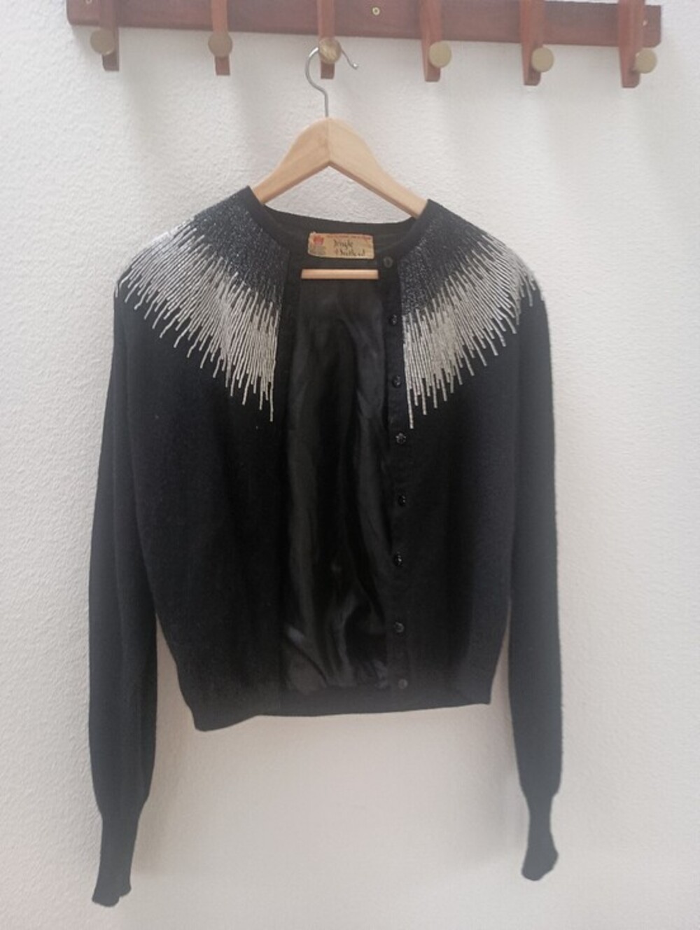 VTG Pringle of Scotland Black Cashmere Beaded Cardigan Sweater Lined M MINT
